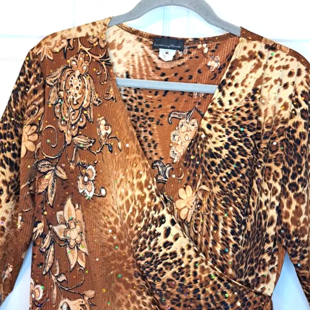 Brittany Black Sequin Animal Print Floral Wrap Blouse Size XL